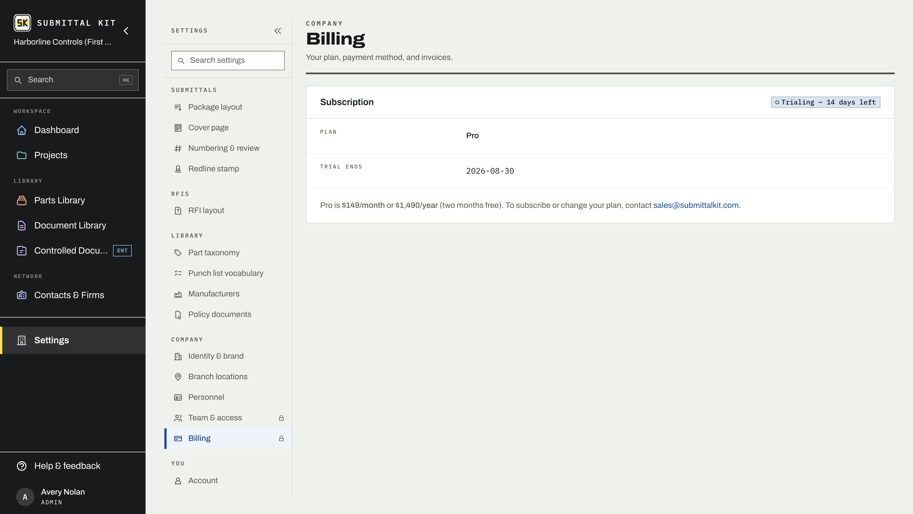Billing during the trial: the plan and days remaining before a decision