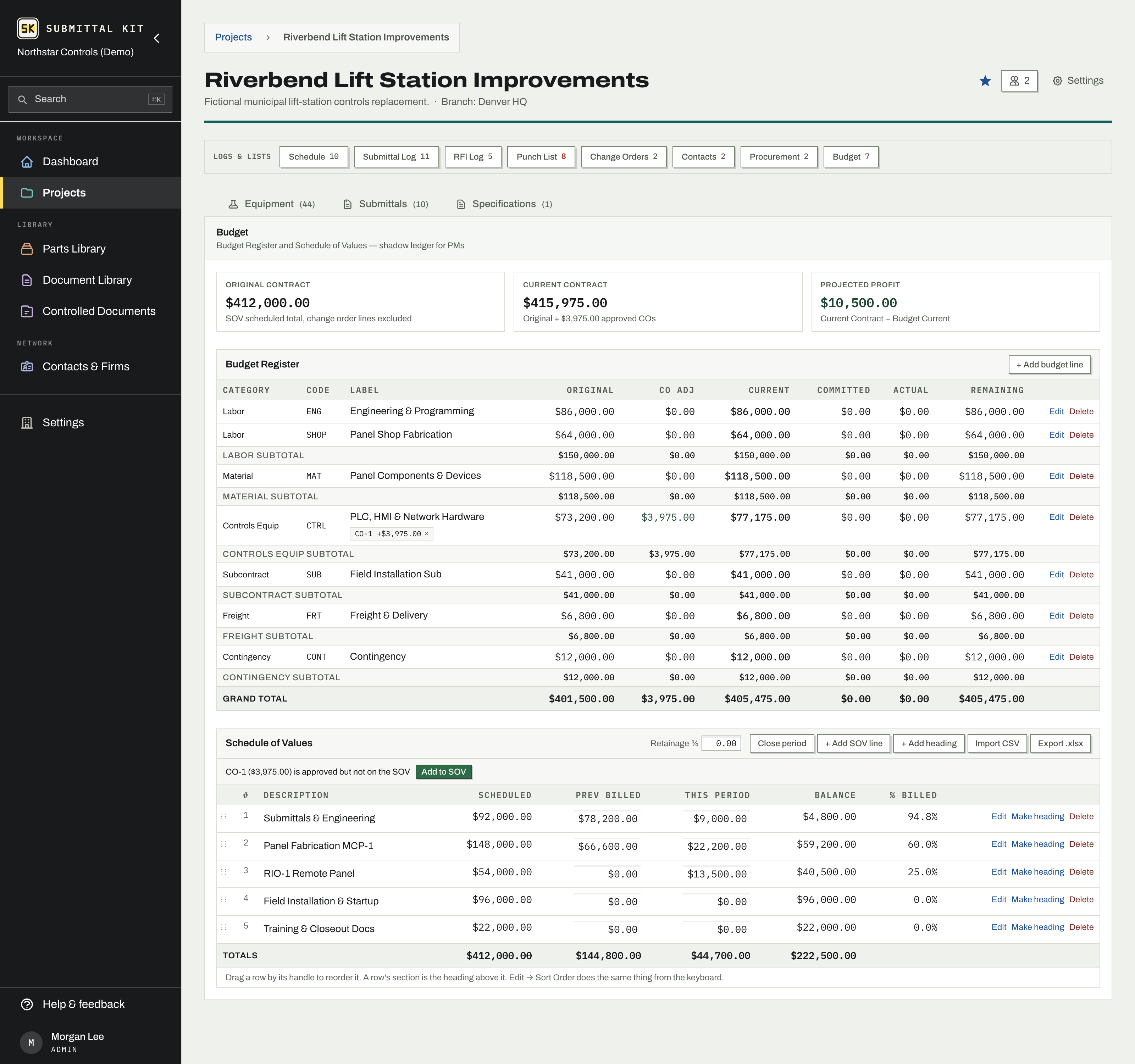 The Budget tab with contract summary, register, and SOV