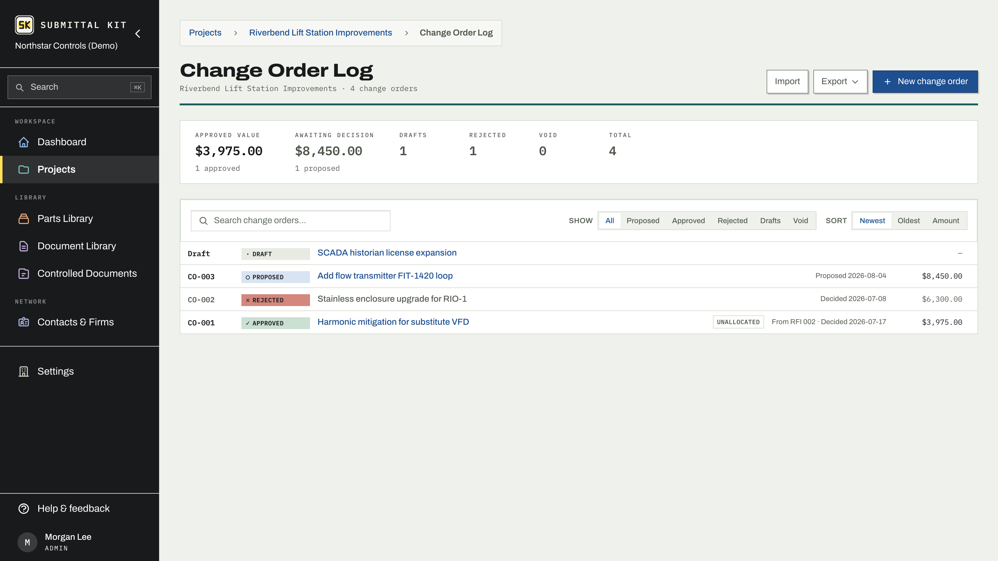 The Change Order Log with statuses and amounts