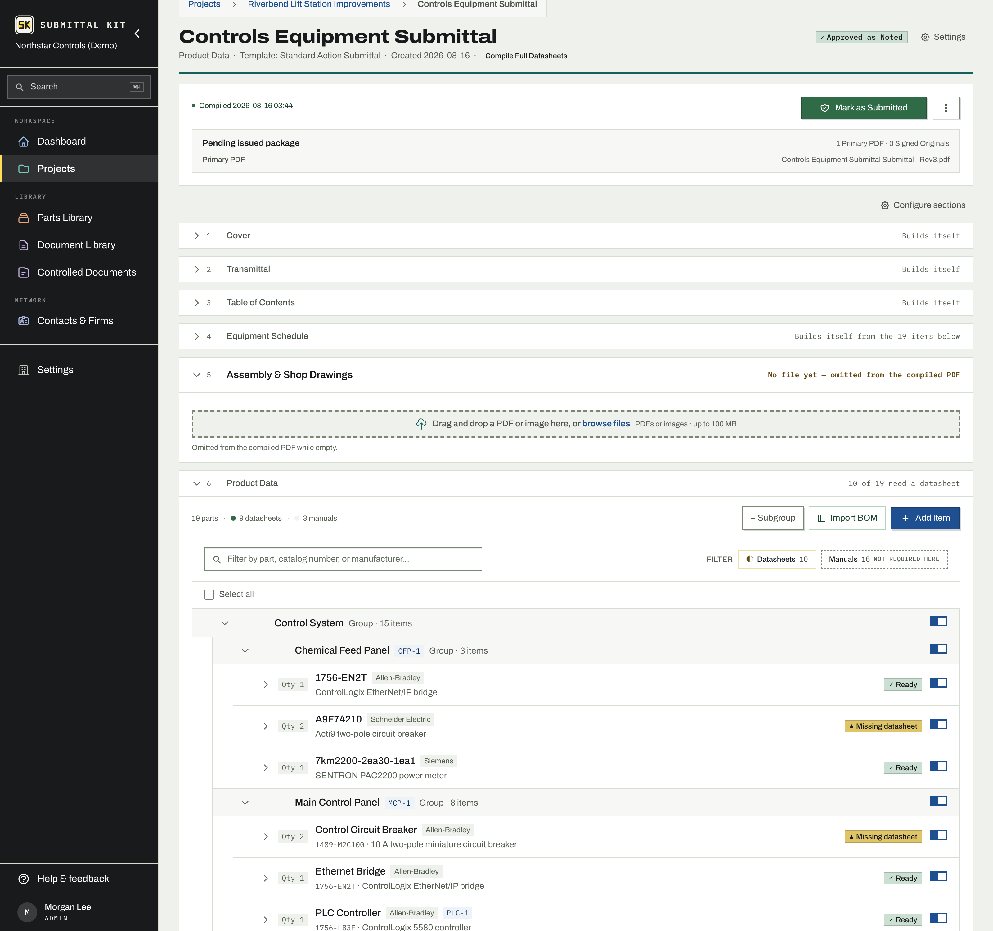 The submittal equipment workspace with include switches and readiness counts