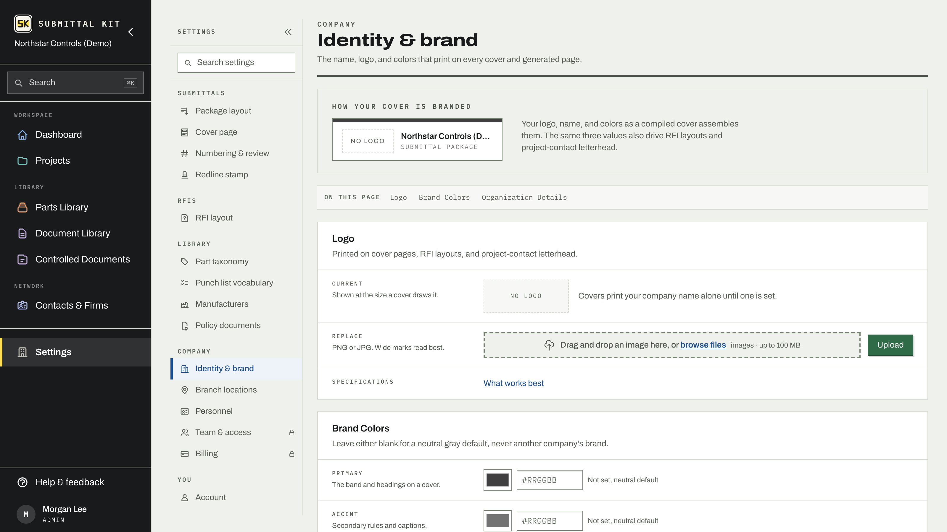 Identity and brand settings with logo and brand colors