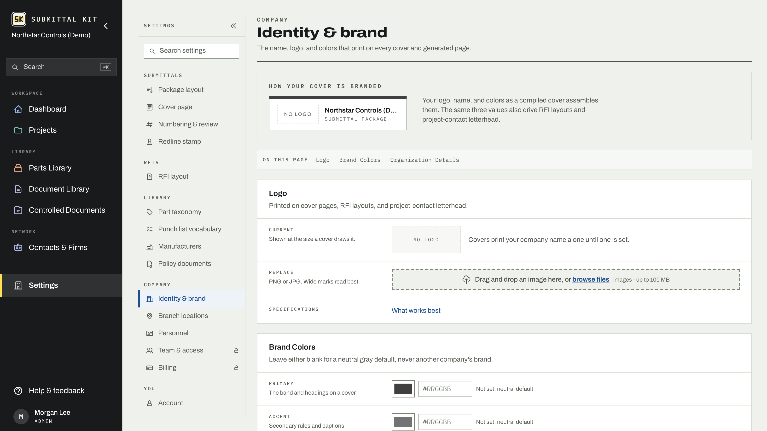 Identity and brand settings with logo and brand colors