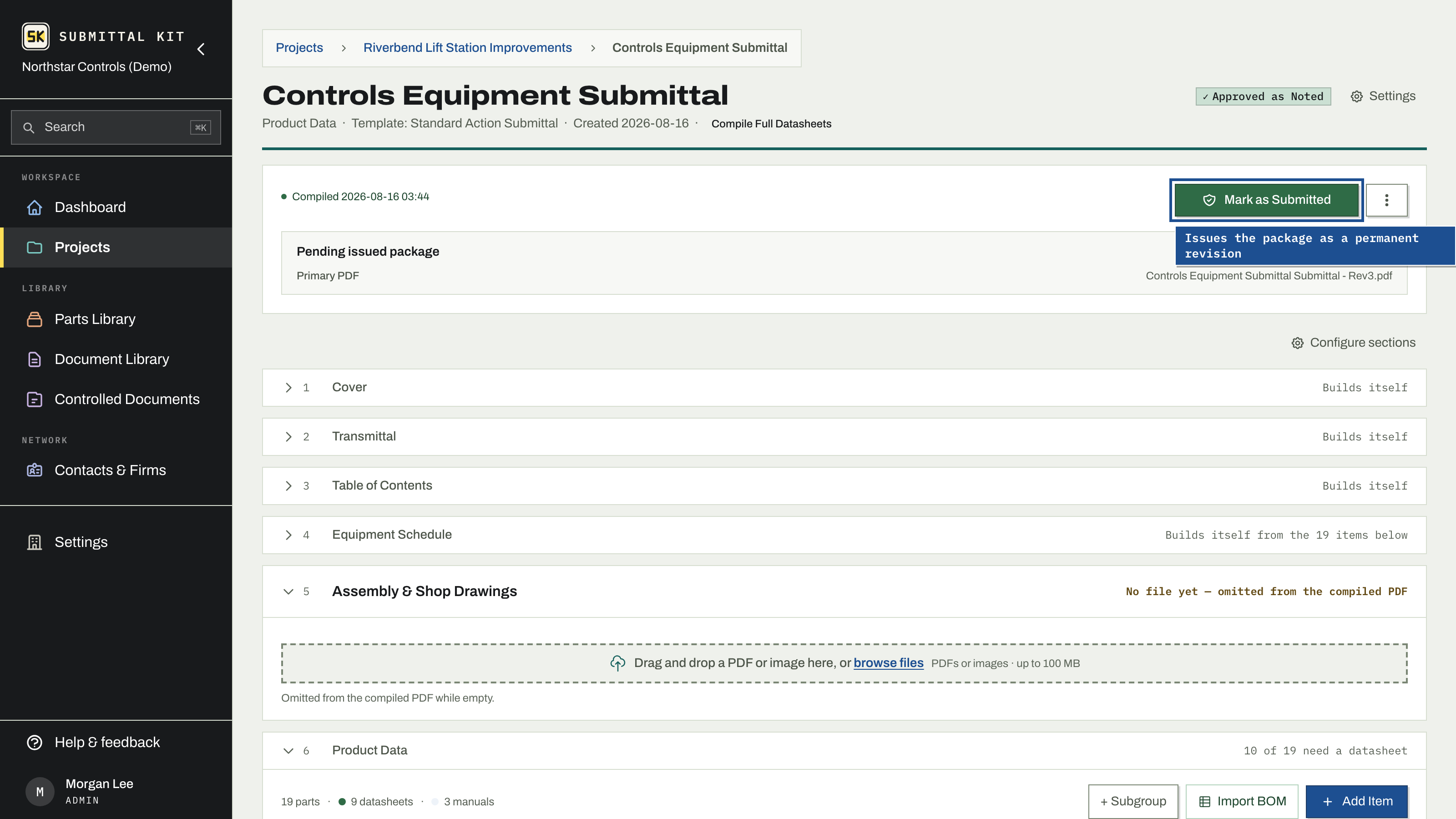 A compiled submittal: the bound package is ready, one click from Mark as Submitted