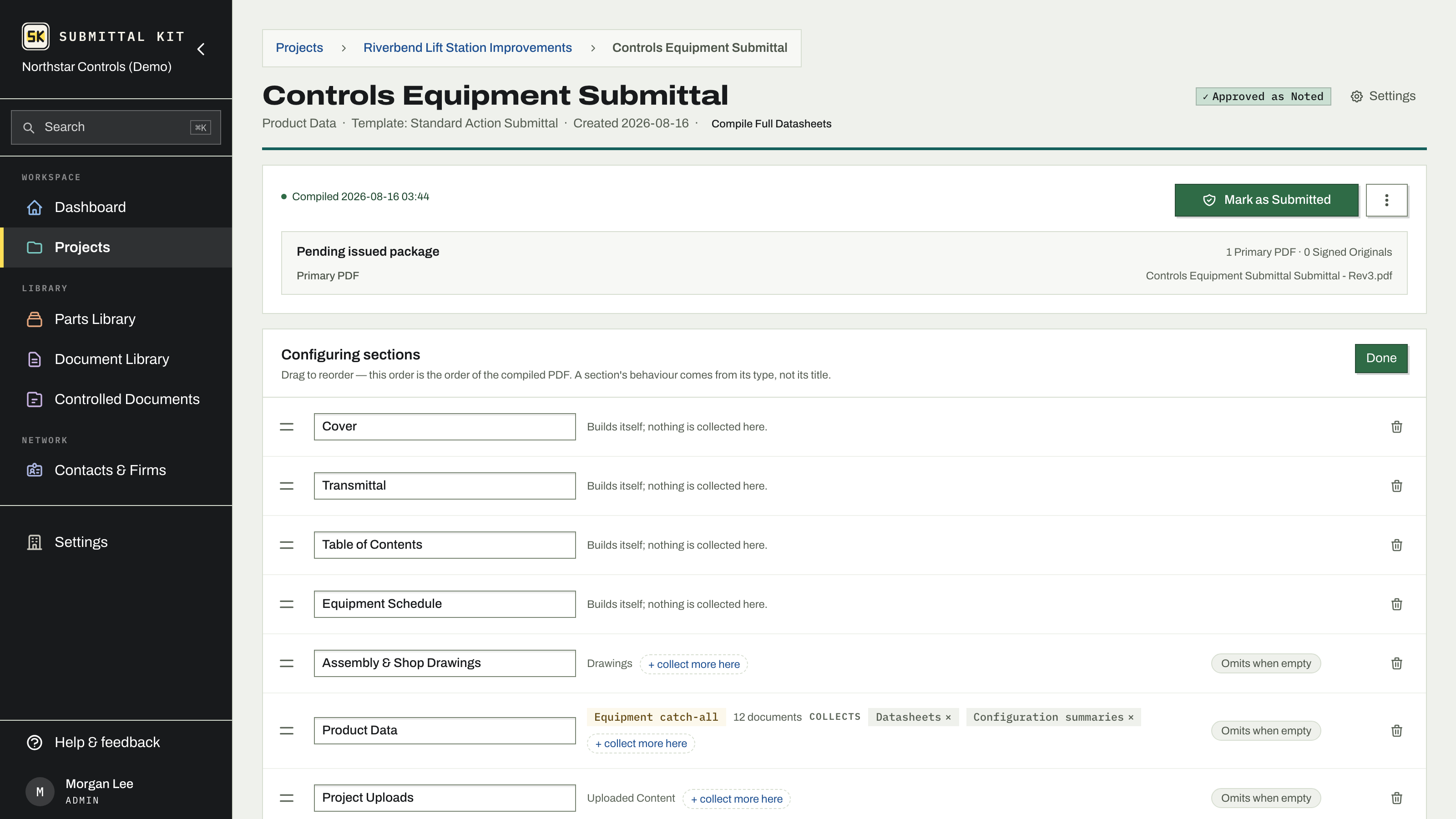 The section editor: ordered roles, reorder handles, and the section palette