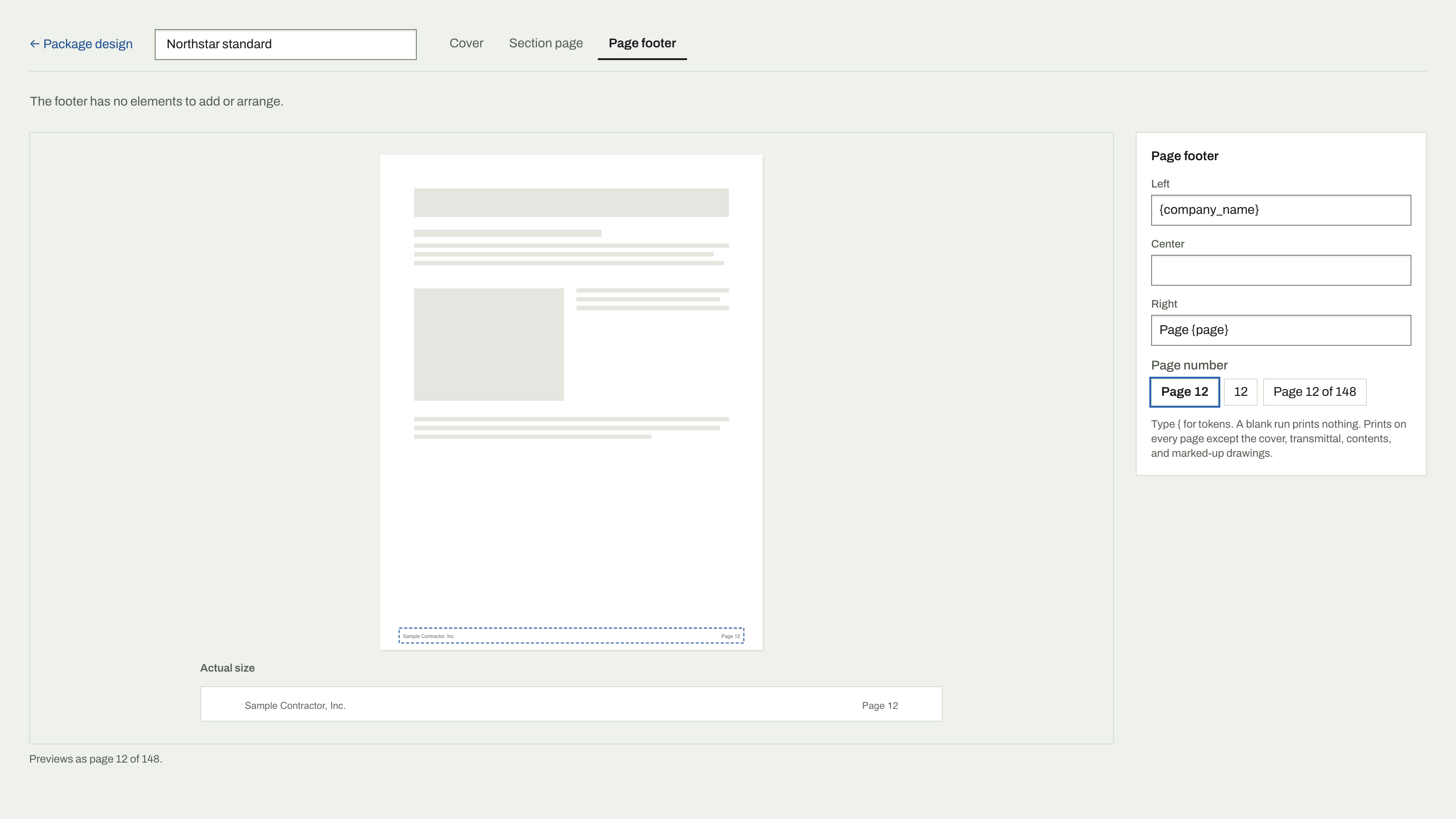 The Page footer tab with Left, Center, and Right text and the page number presets