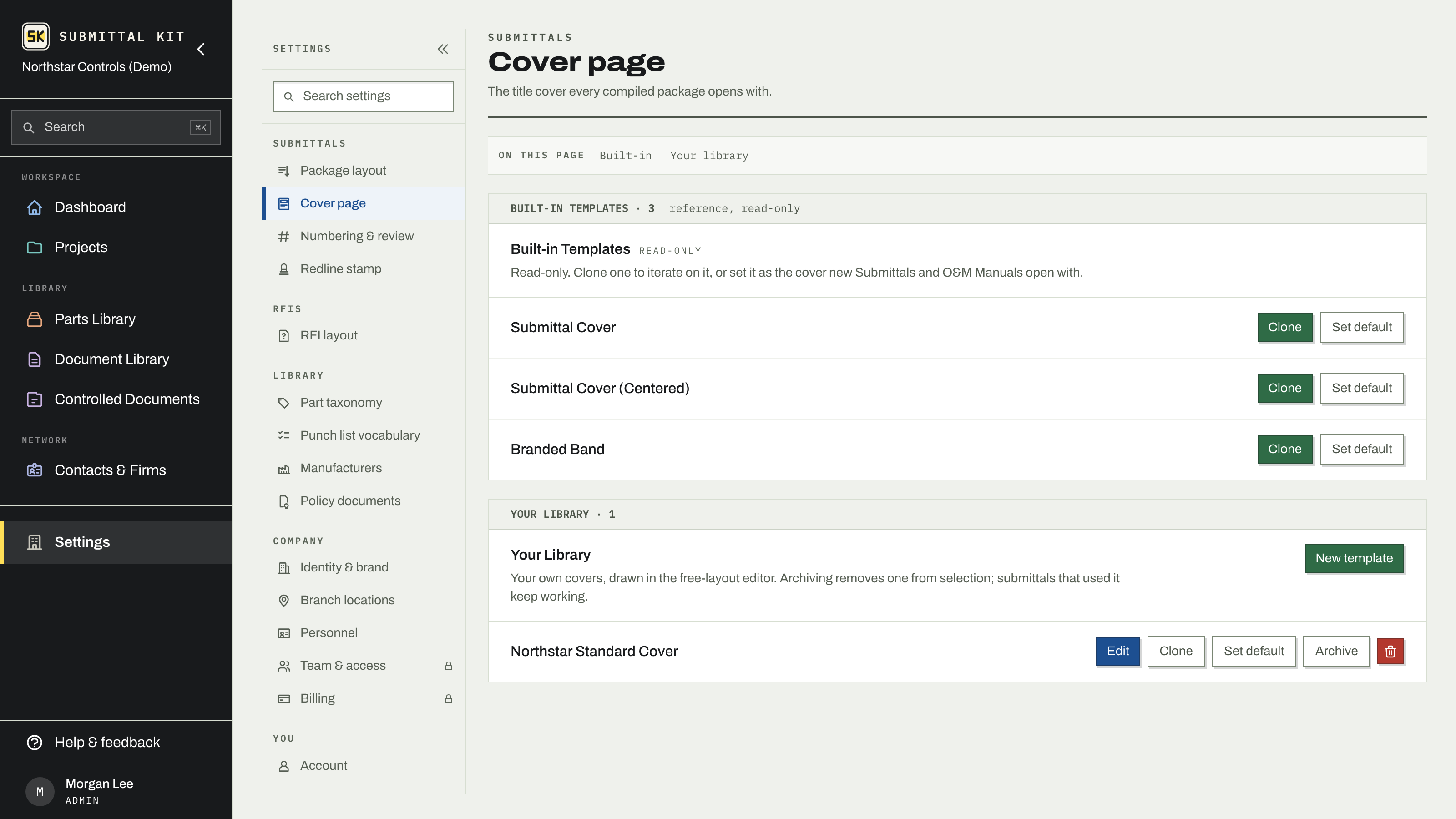 The cover template library with clone, default, and archive controls