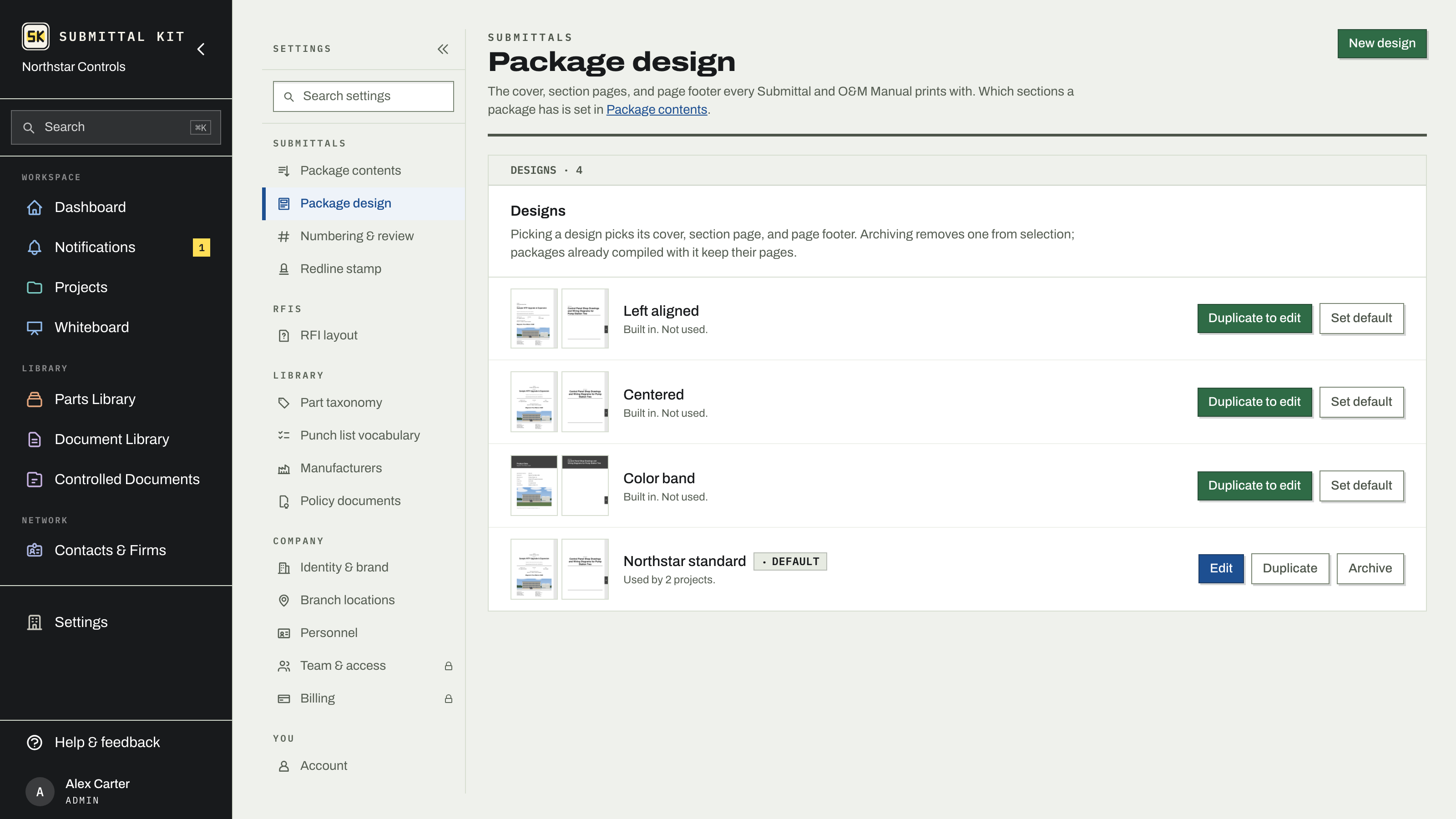 The design library with each design's cover and section page, and the default marked
