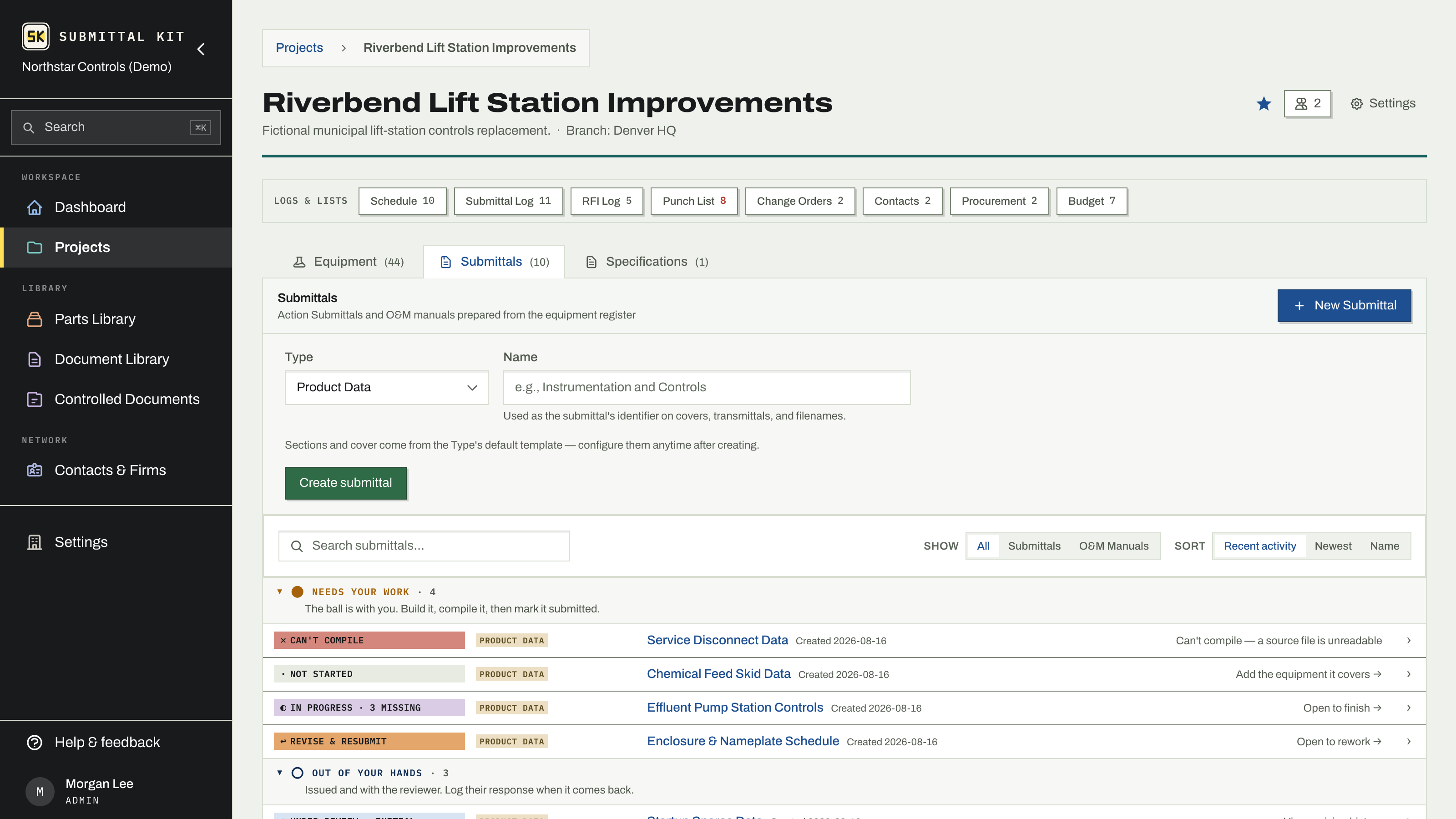 The New Submittal form with the grouped Type picker
