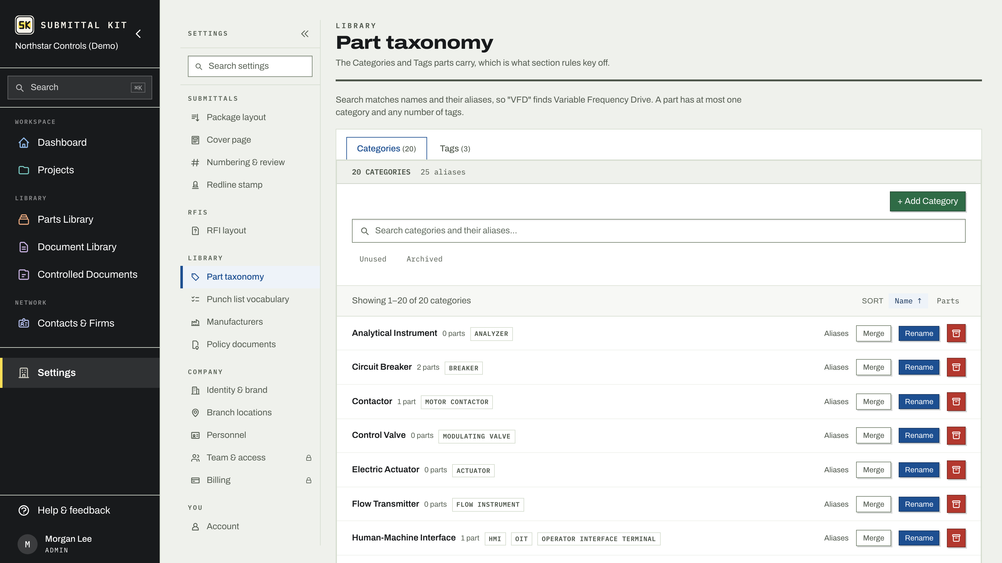 Category and tag settings with aliases and merge