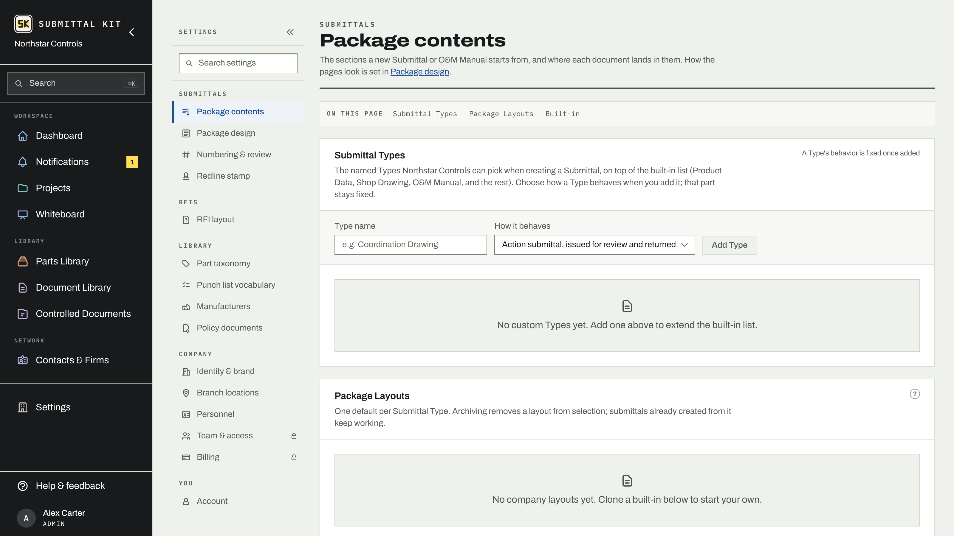 Package contents settings with submittal types and your layouts