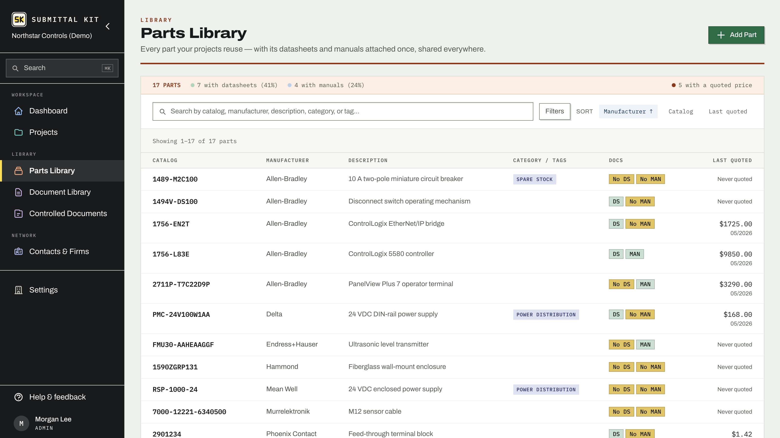 The Parts Library with filters and last-quoted prices