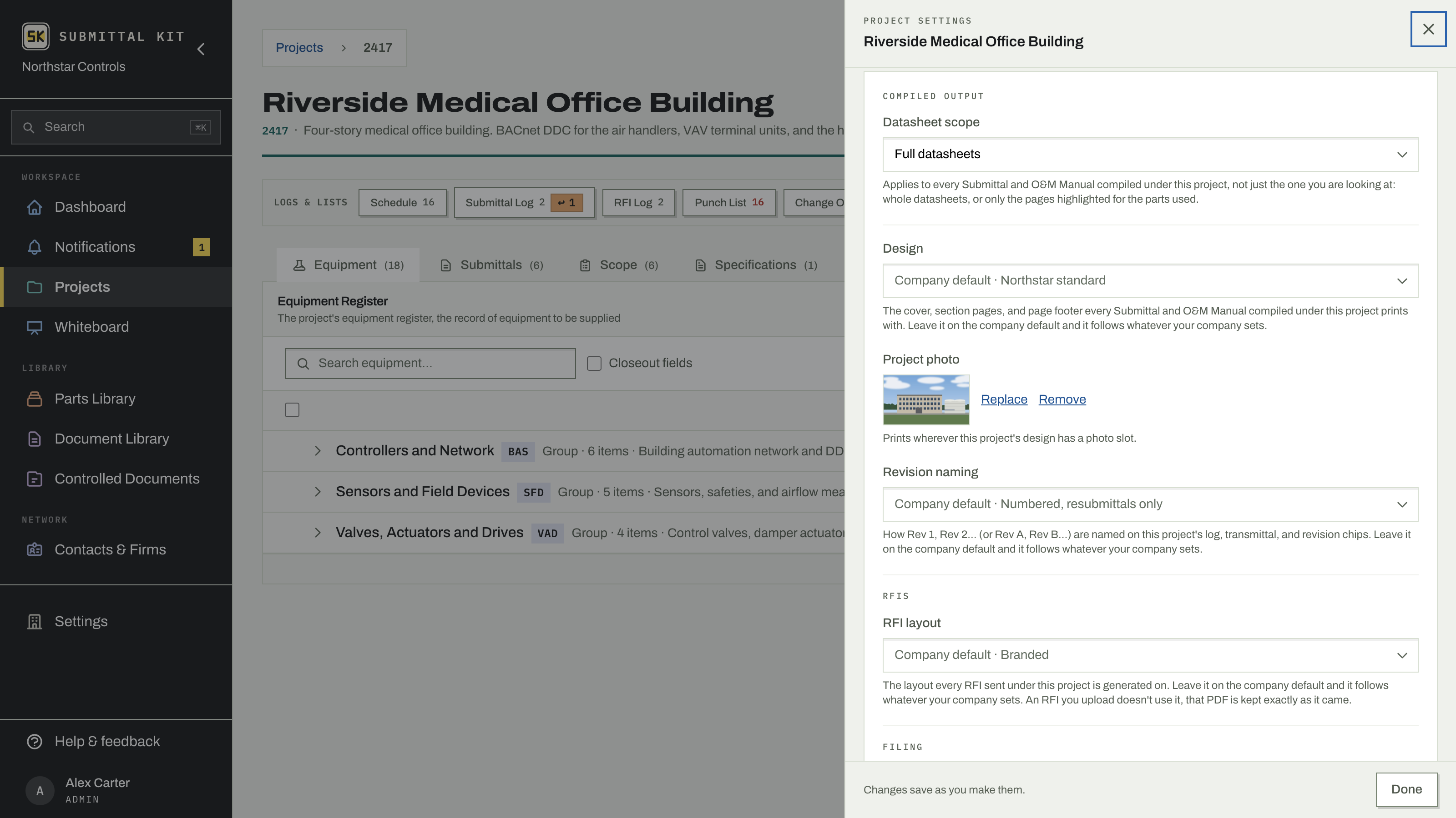 The project settings drawer at its Design and Project photo controls