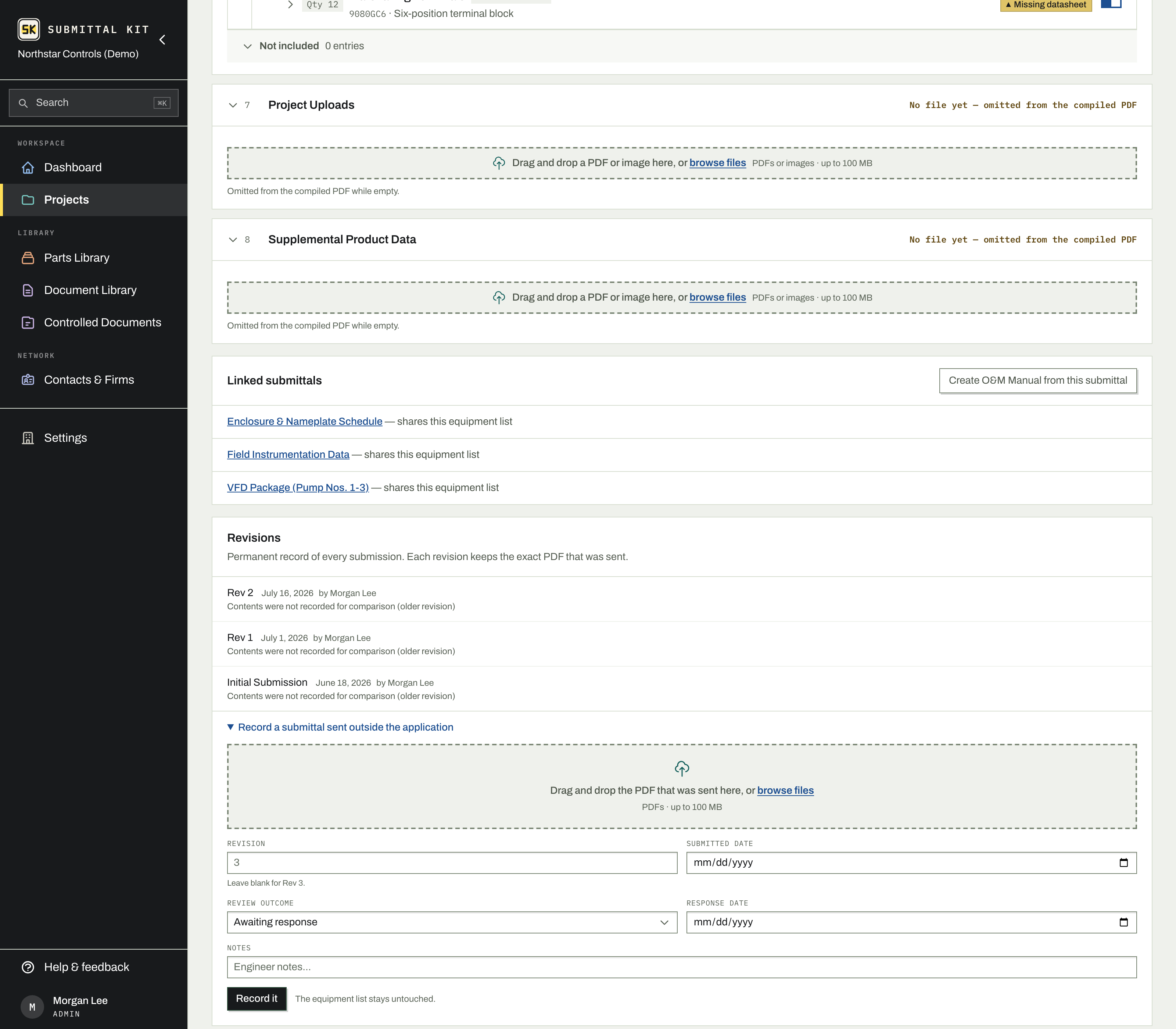 Recording a submittal that went out by email: drop the PDF and enter the dates