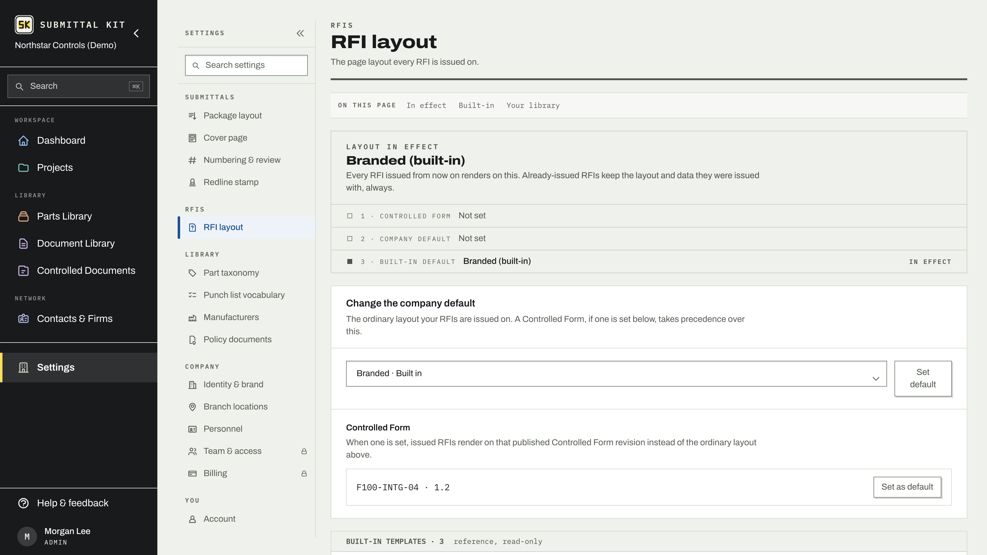 The RFI layout settings page