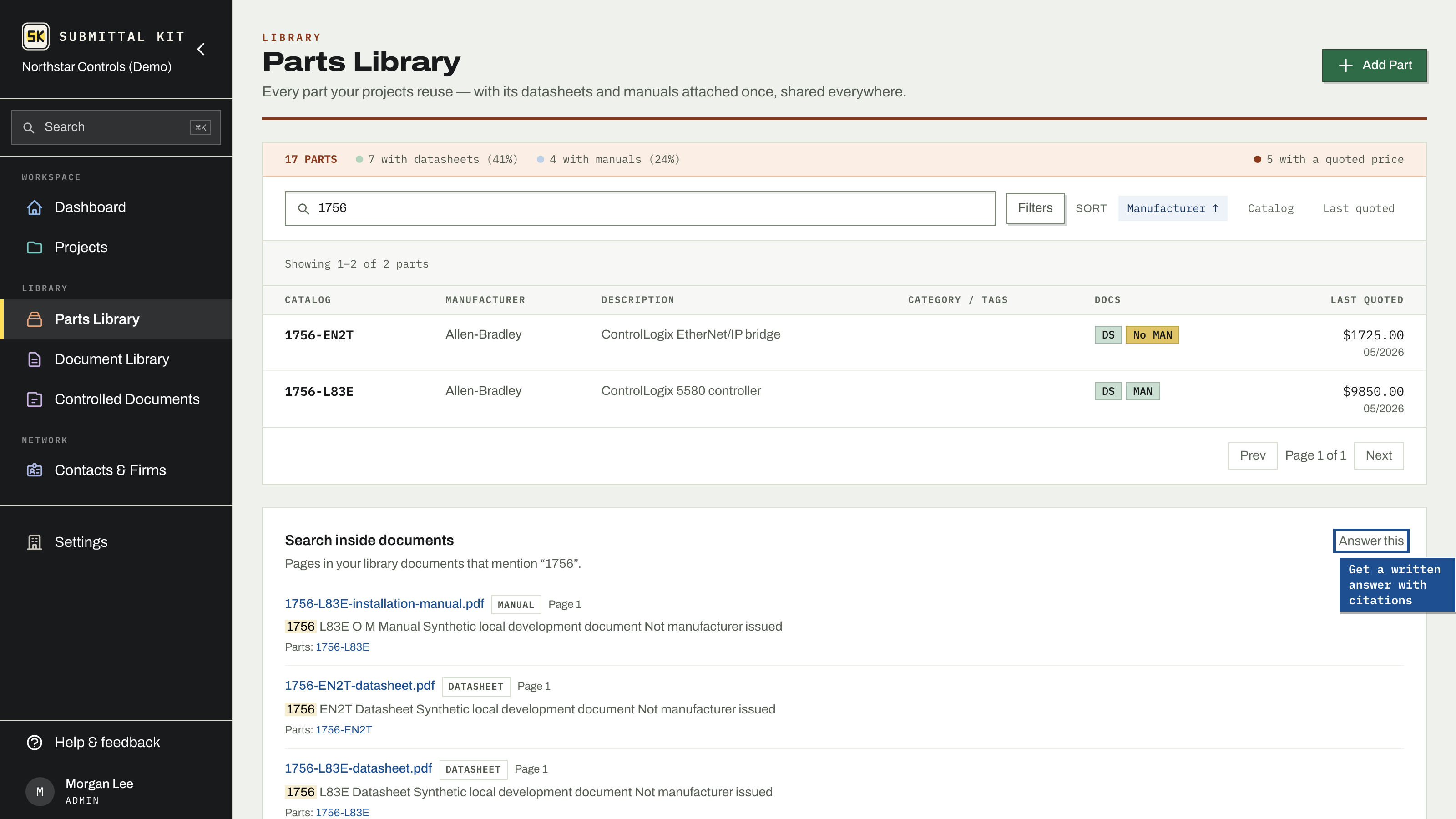 Content search hits with page numbers and snippets