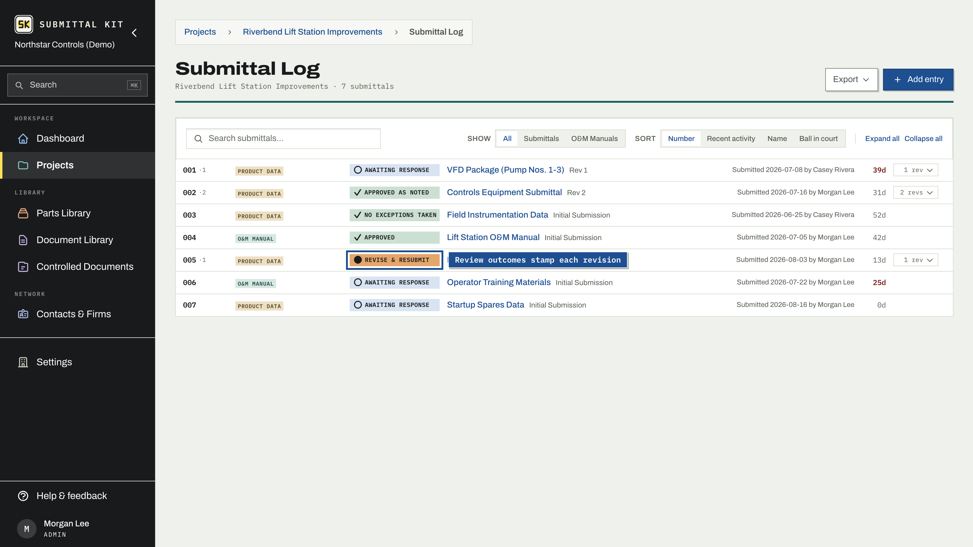 The Submittal Log with revision threads and review statuses