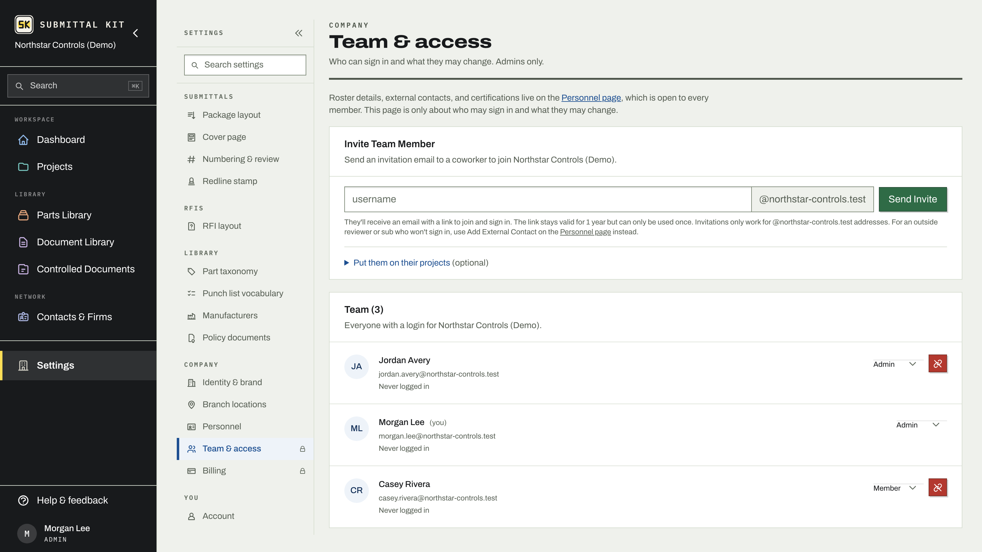 The Team & access page with the invite form and roster