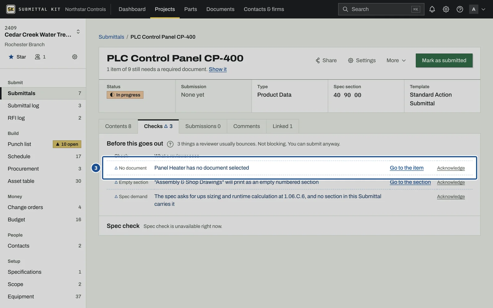 Checks Before You Submit, step 3: the screen with the control outlined