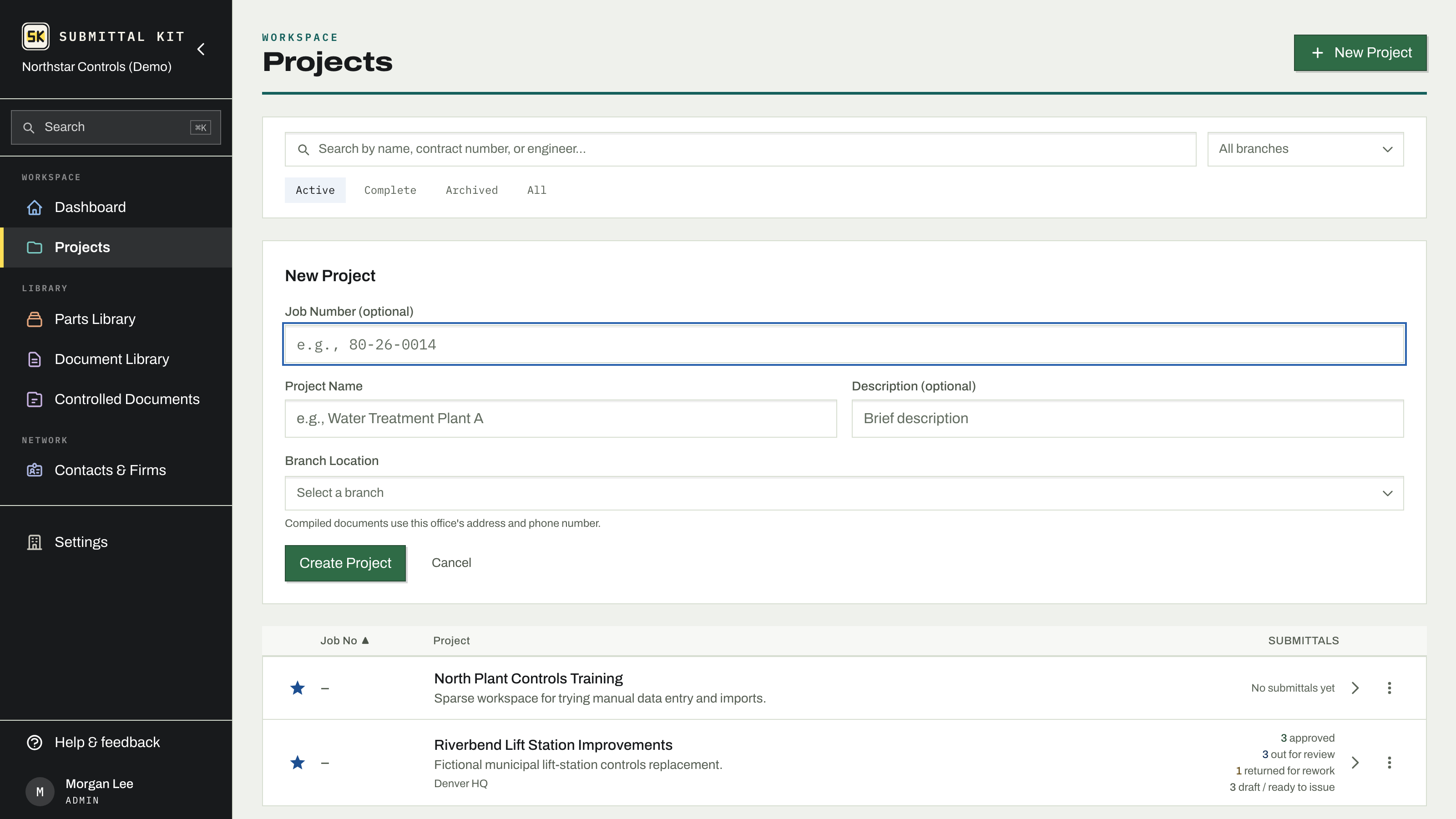 The New Project form